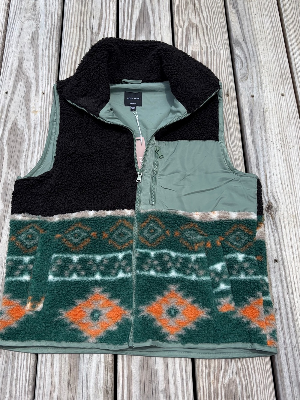 Love Tree Women's Soft Sherpa Bohemian‎ Southwest Vest Medium  Green Black Aztec